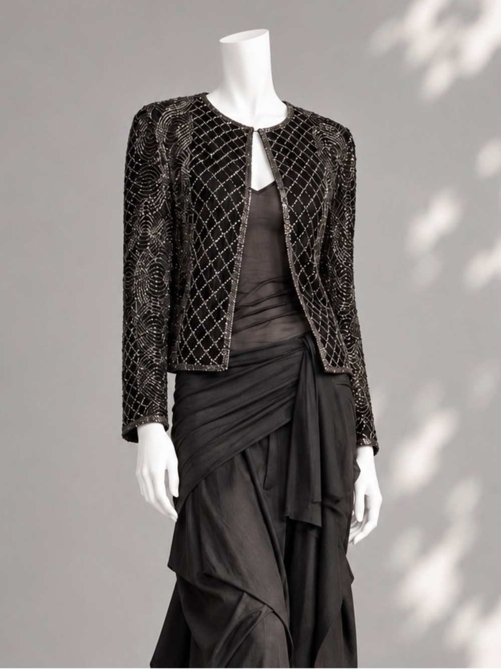 Vintage Papell Boutique Silk Beaded Jacket M Black Silver Open Front Whimsigoth